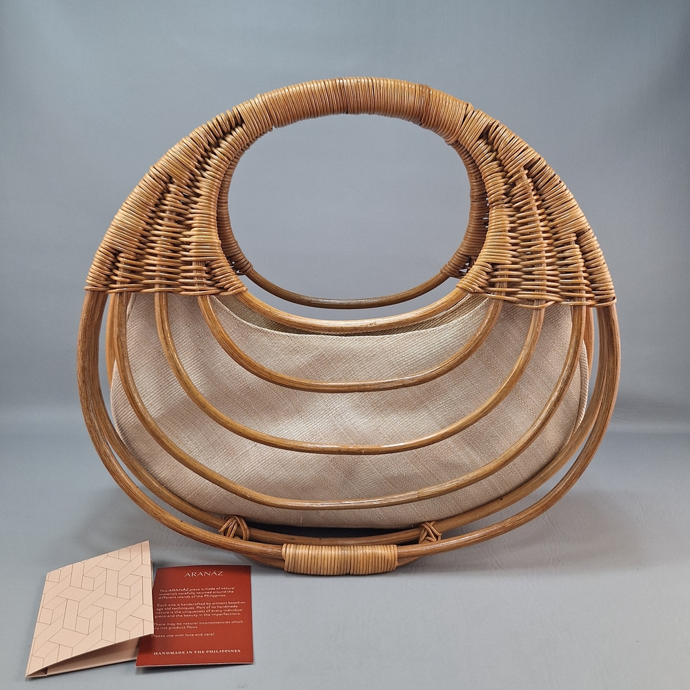 Aranaz Large Curba Rattan Statement Top Handle Wooden Tote Bag Purse